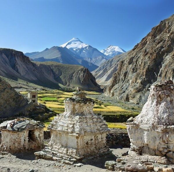 A breathtaking view of the Markha Valley, surrounded by towering Himalayan peaks.