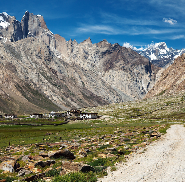 A panoramic view of Kun Peak rising above the Ladakh landscape.