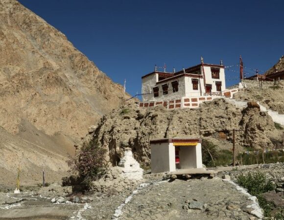 Scenic View of Monastery Atop Mountain Along the Markha Valley Trek to Hankar