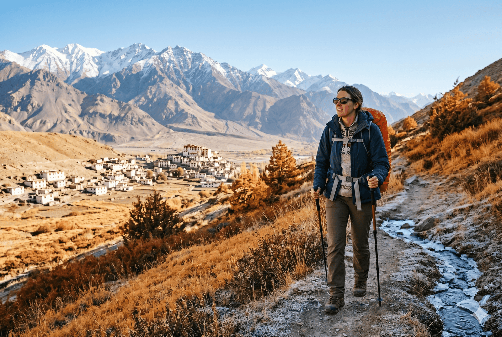 Your Ultimate Packing Guide for Ladakh 4 A hiker dressed in warm layers, including a thick sweater and a navy windproof jacket, walks along a path lined with frost-covered grass and golden autumn foliage. The crisp morning air is evident as sunlight hits the snow-dusted peaks of the Ladakh range in the background. Below the trail, a traditional Tibetan-style village sits in the valley, surrounded by the changing colors of the high-altitude landscape.