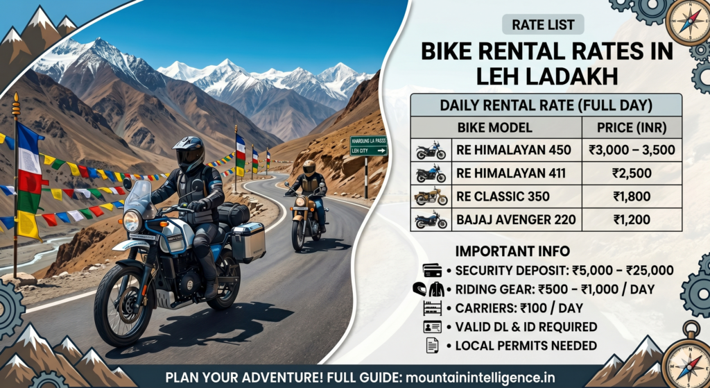 Leh Ladakh Bike Rental Rate list 2026-2027