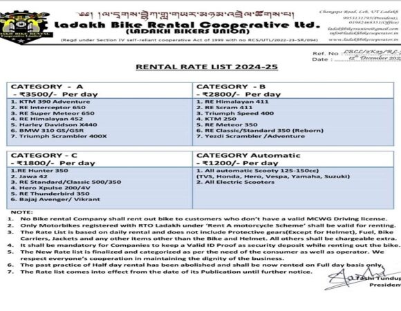 Leh Ladakh Bike Rental Rate list 2025-2026