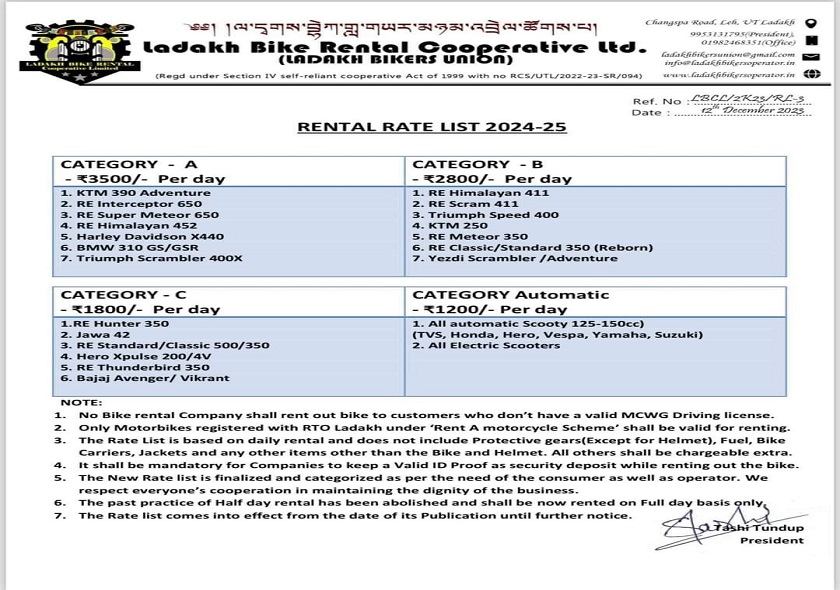 Leh Ladakh Bike Rental Rate list 2025-2026