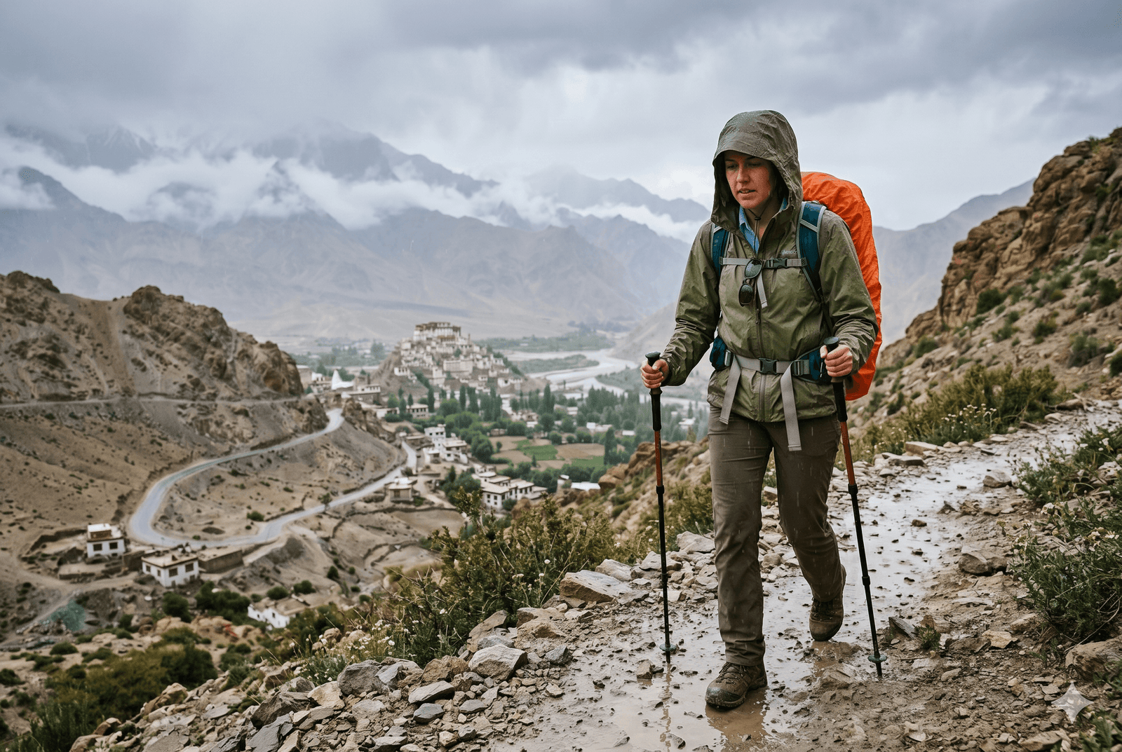 Your Ultimate Packing Guide for Ladakh 3 A female hiker wearing a hooded waterproof green jacket and an orange rain cover over her backpack treks along a muddy trail during a rain shower. She uses trekking poles for stability on the wet ground. In the misty background, the rugged mountains of Ladakh are partially obscured by low-hanging clouds, with a traditional village and monastery nestled in the valley below.
