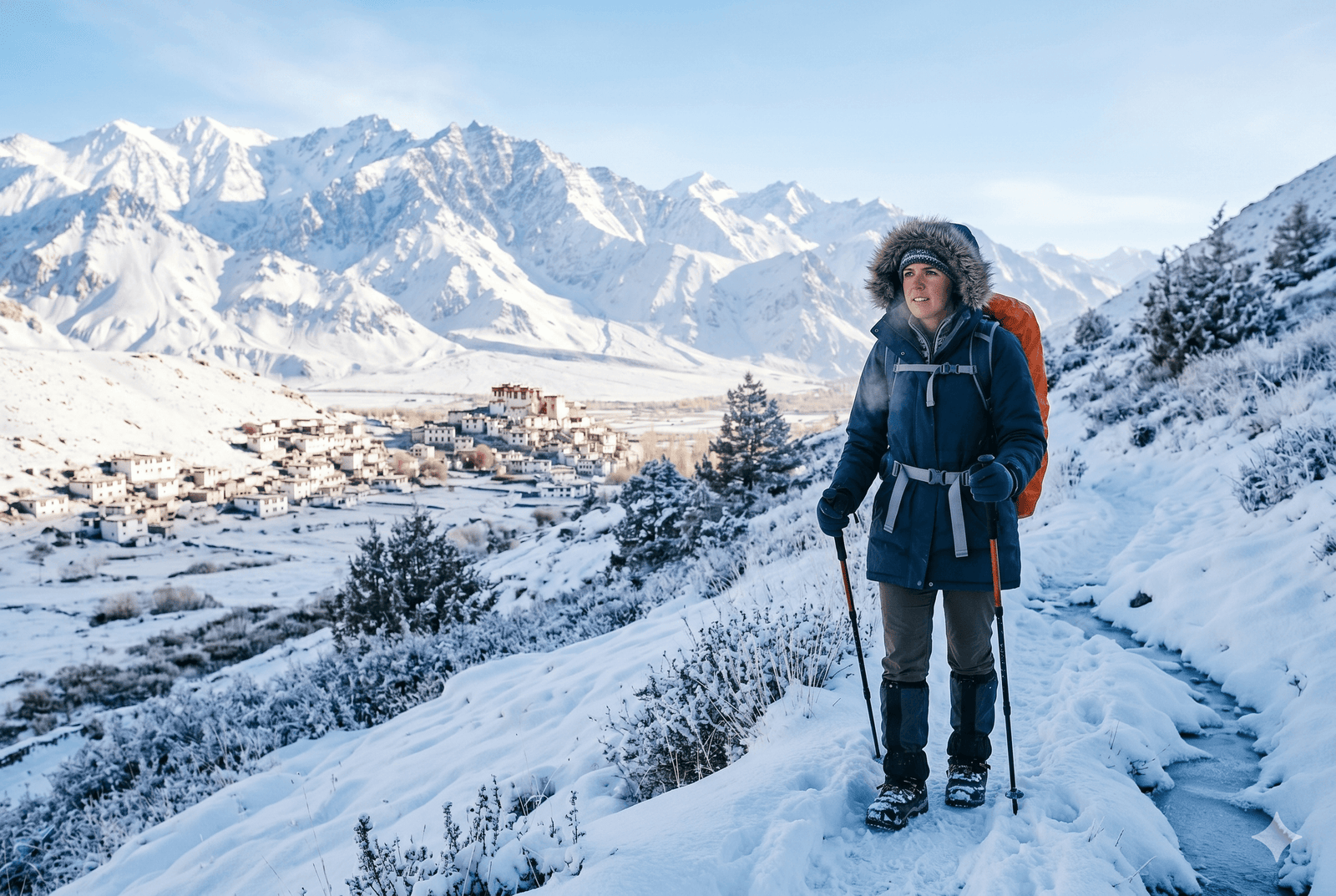 Your Ultimate Packing Guide for Ladakh 5 A female hiker in heavy-duty winter gear, including a fur-trimmed blue parka and orange backpack, walks using trekking poles on a deep, snow-covered trail. Her breath is visible in the cold air. In the background, a small, whitewashed Ladakhi village clusters in the valley beneath massive, jagged, snow-capped mountains under a clear blue sky.